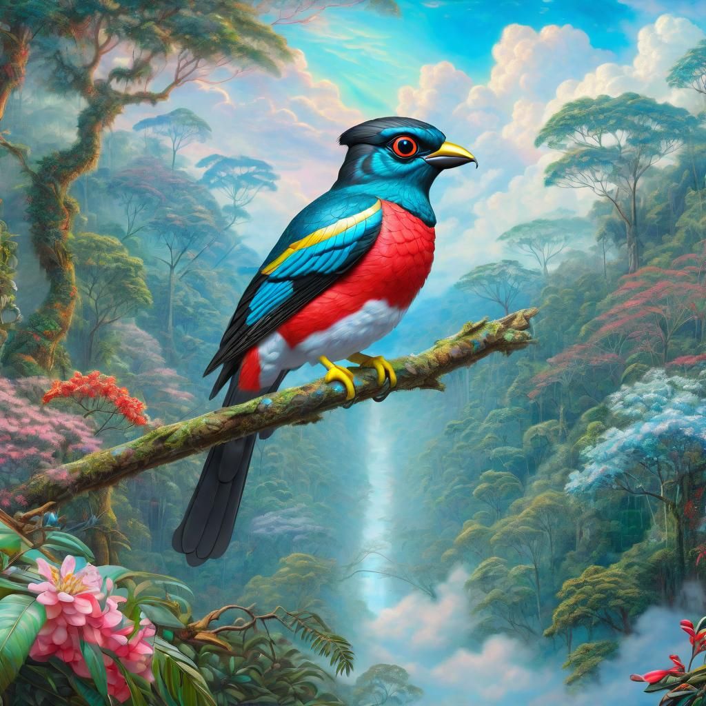 Trogon in Malaysian Rainforest: Ethereal Astral Illustration