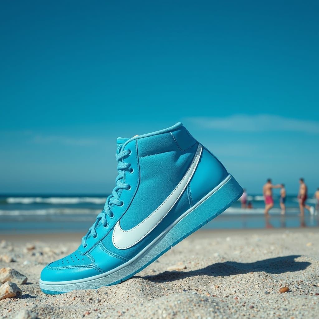 Shark with Three Blue Nikes on Beach