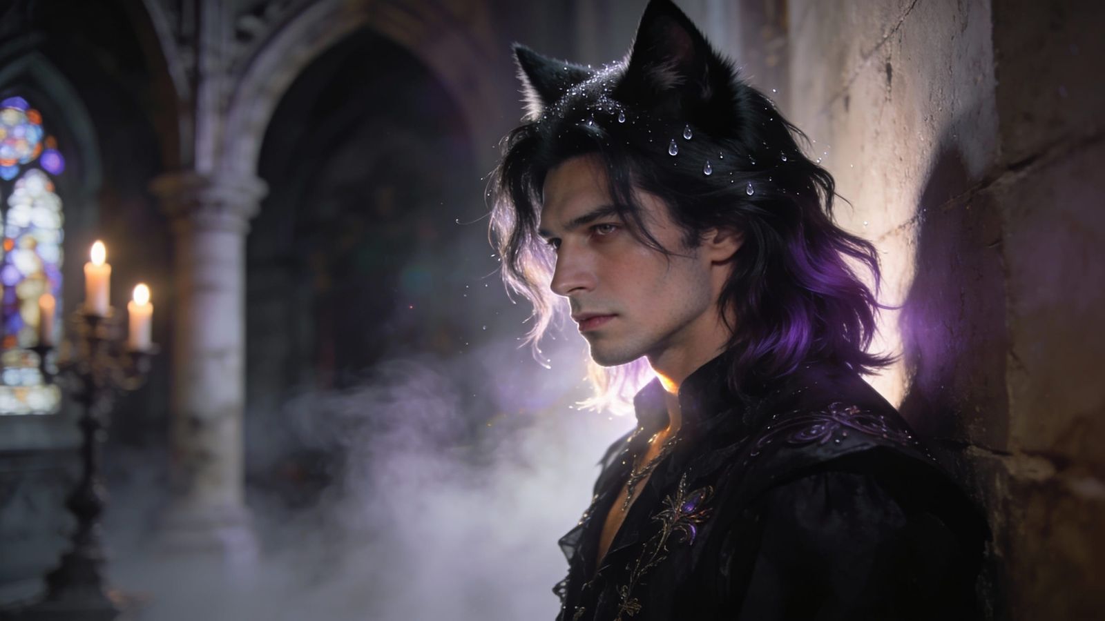Mysterious Man with Cat Ears in Gothic Setting