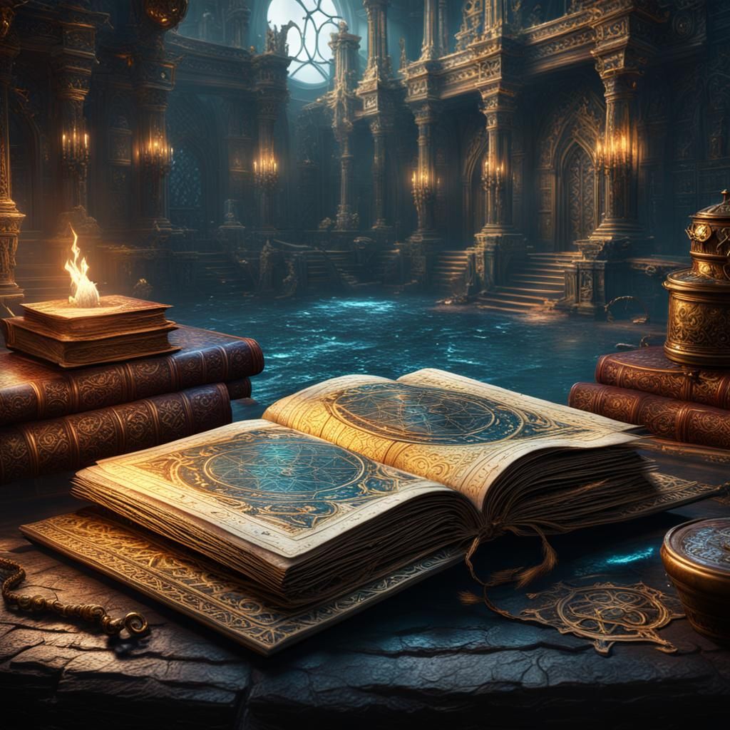 Fantastical Ancient Book of Magic, Detailed Digital Art