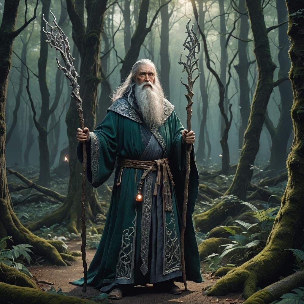 Mystical Wizard in Forest: Fantasy Concept Art