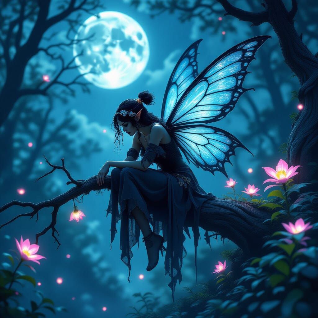 Ethereal Evil Fairy in Bioluminescent Forest