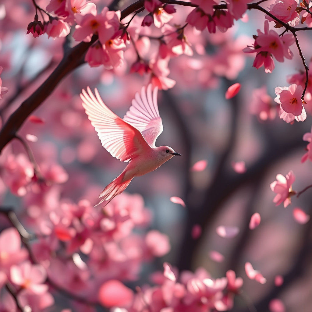 Pink Bird Soaring Through Cherry Blossom Forest