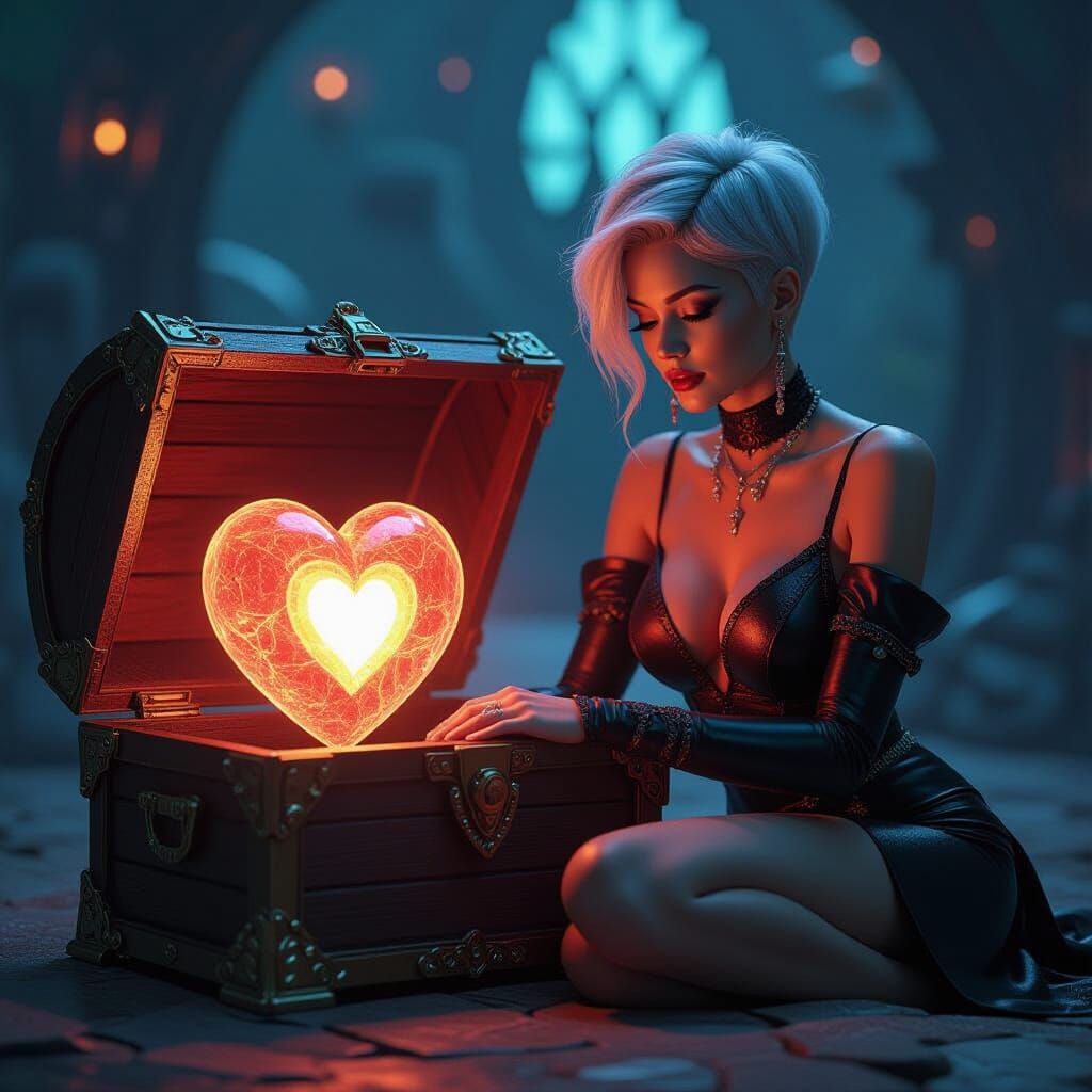 Woman Beside Heart-Filled Treasure Chest in UE5 Style