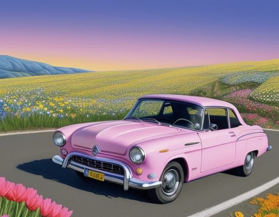 Whimsical Flower-Decorated Car in Vibrant Landscape