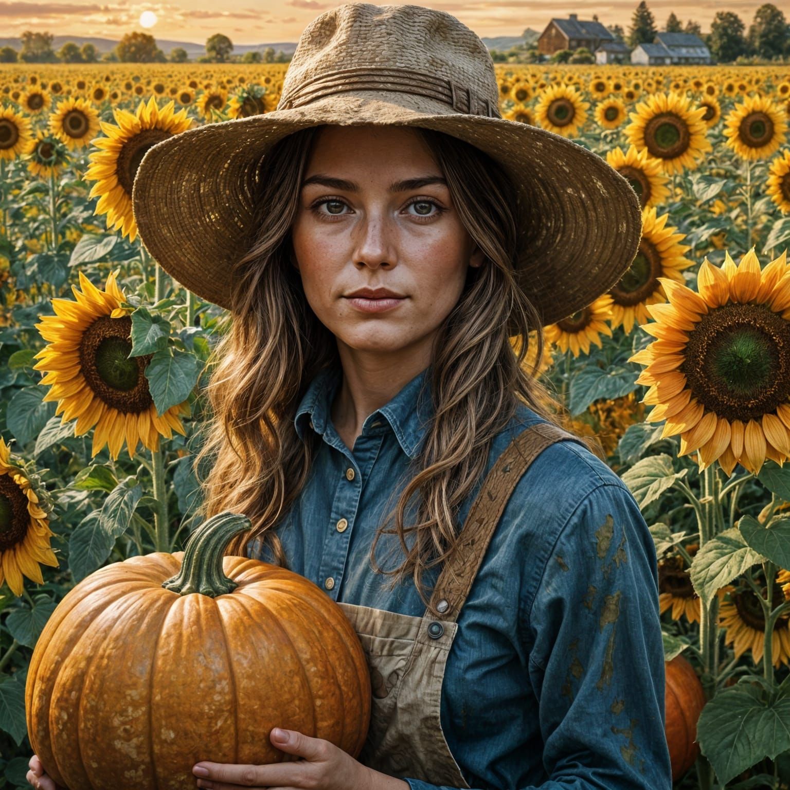 Woman with Giant Pumpkin in Sunflower Field, Impasto Oil Pai...