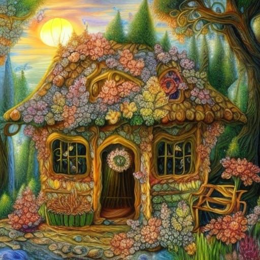 Enchanted Forest Cabin: A Baroque-Rococo Watercolor Masterpi...