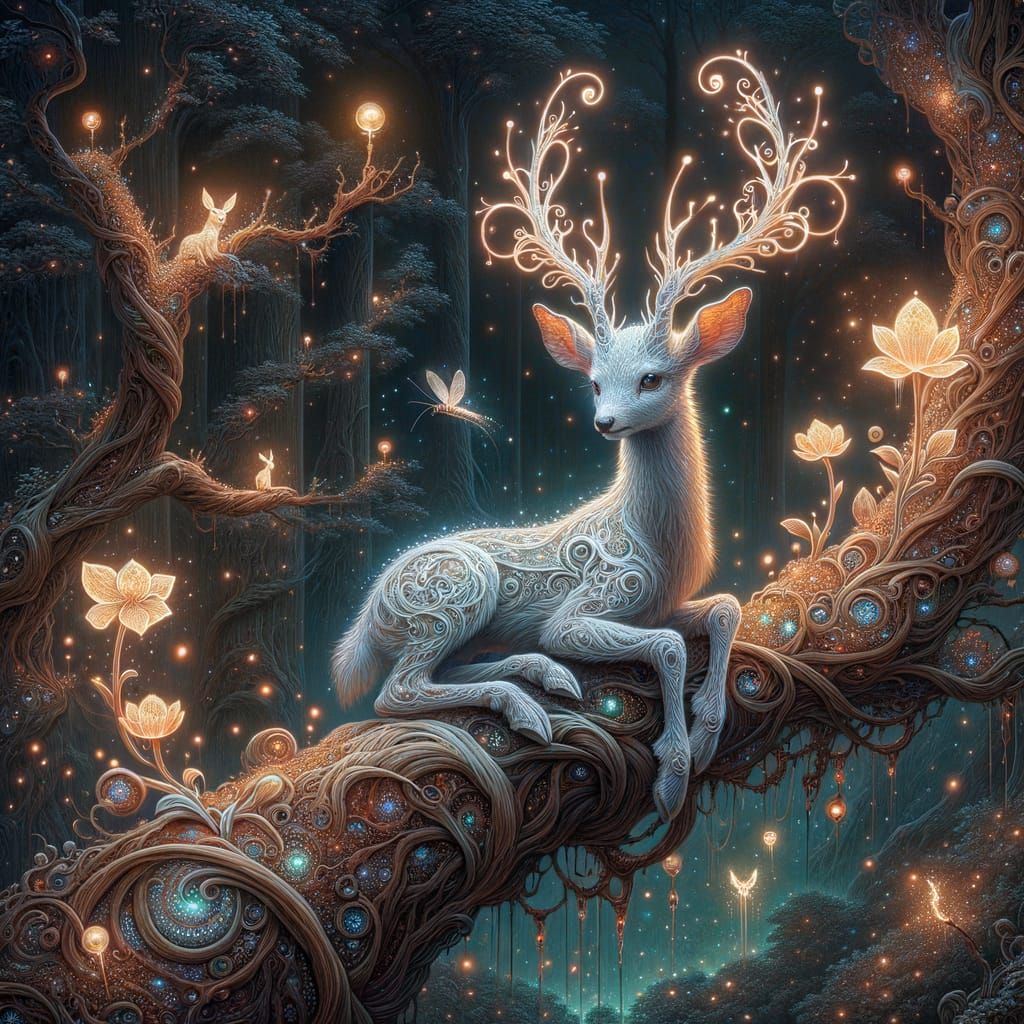 Bioluminescent Deer in Enchanted Forest, Art Nouveau Oil Pai...