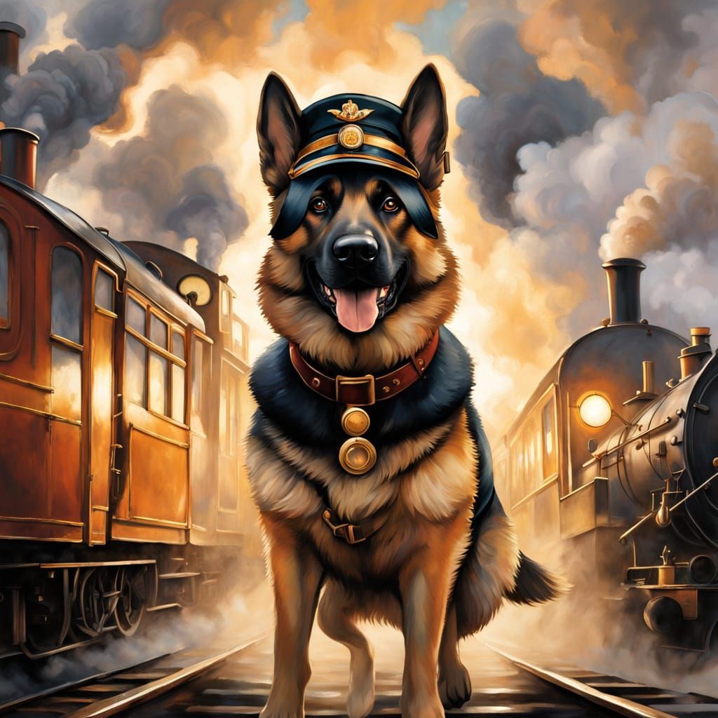 Steam Punk Dog Conductor in Golden Hour Fog