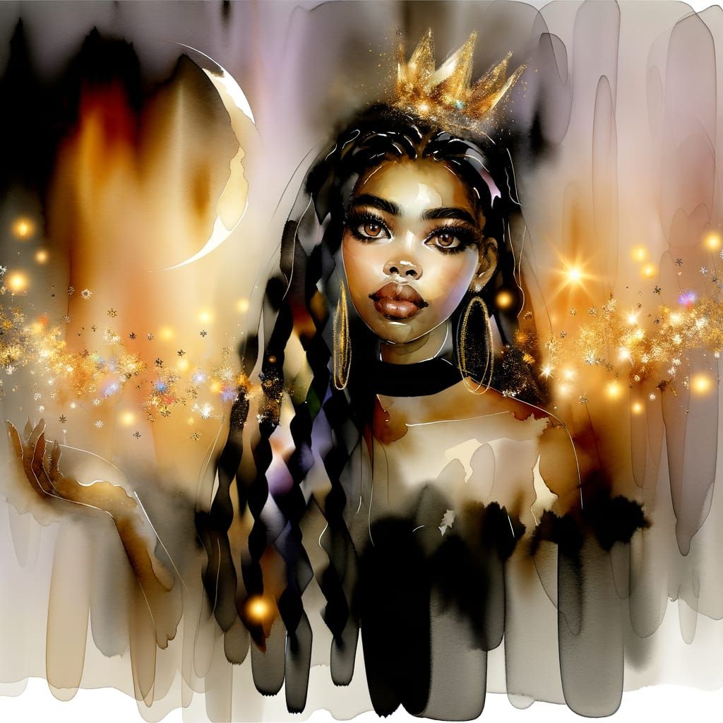 Ethereal Woman with Crown in Watercolor Style