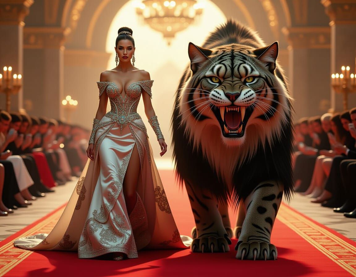 Fantasy Woman Walking Saber-Toothed Cat