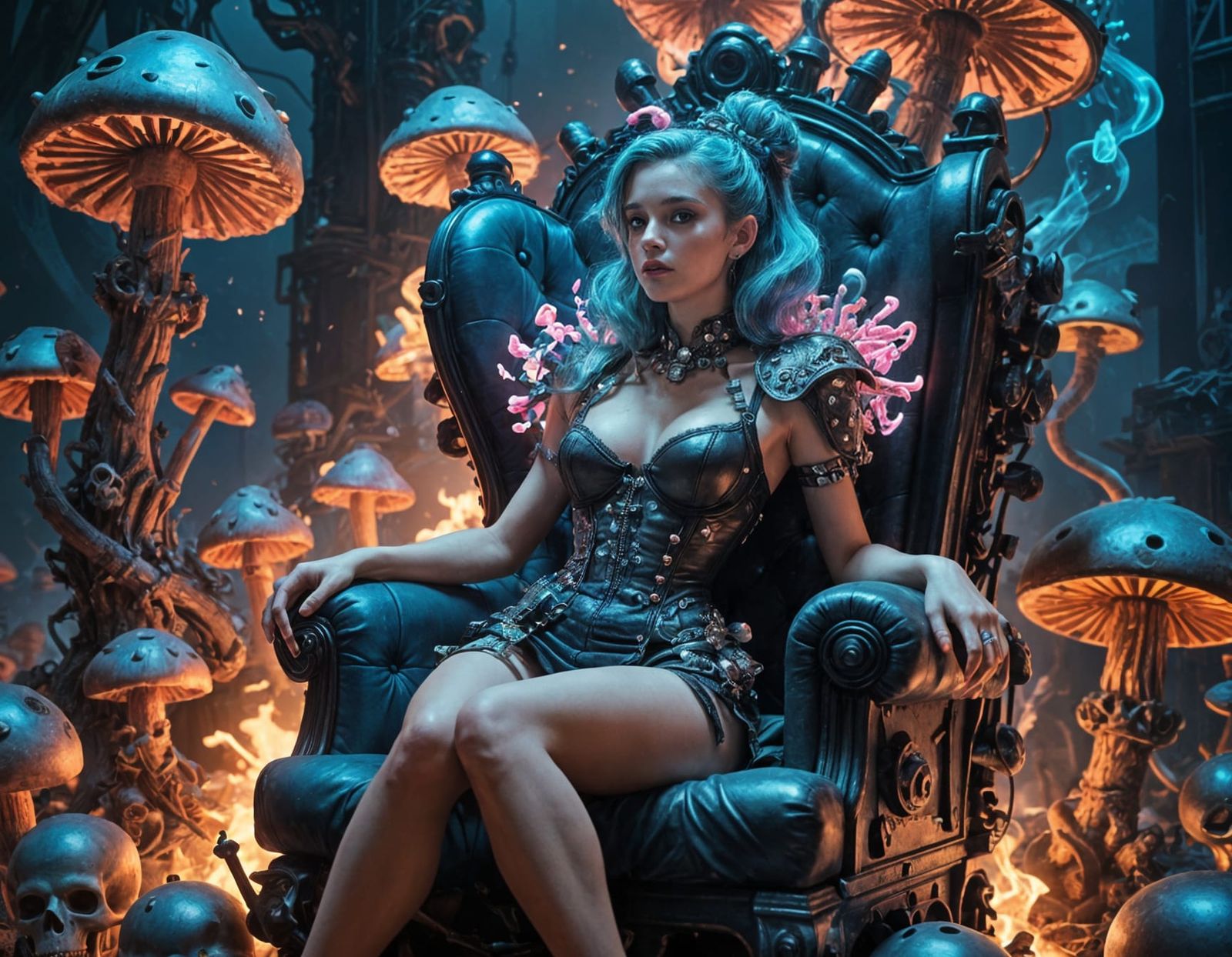 Trashpunk Pin-Up on Skull Throne with Neon Graffiti