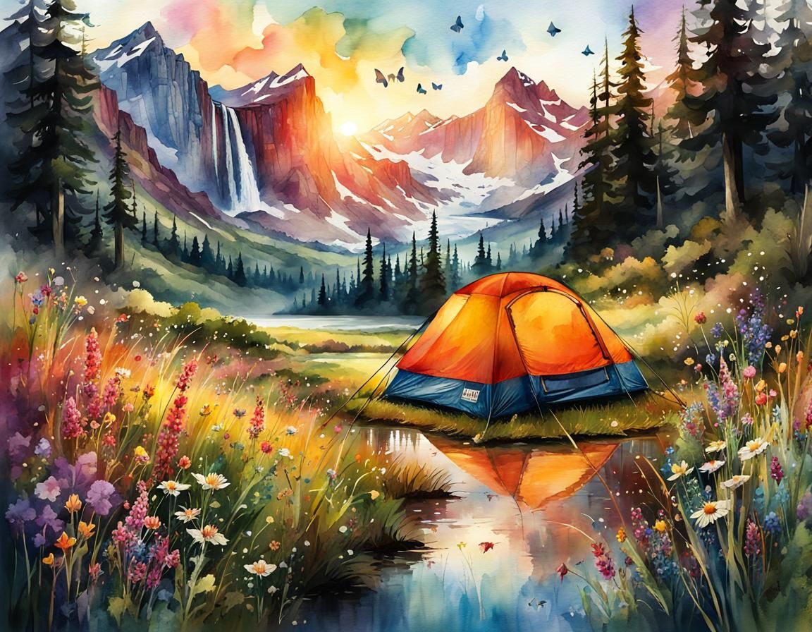 Watercolor Campsite Meadowscape with Waterfall