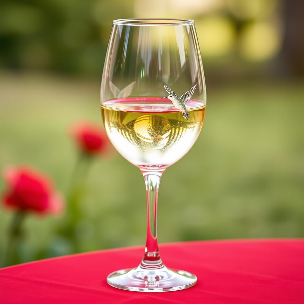 Elegant Wine Glass with Hummingbird Detailing on Red Tablecl...