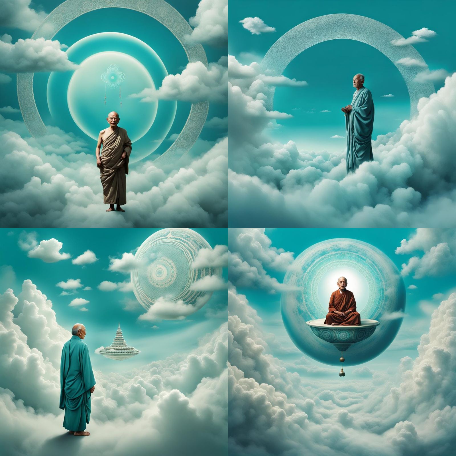 Teal Blue Zero-Shaped Buddhist Man in Clouds