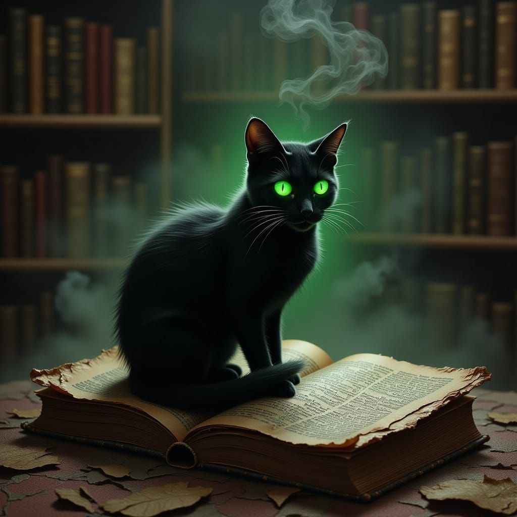 Mysterious Cat on Book in Shadowy Library
