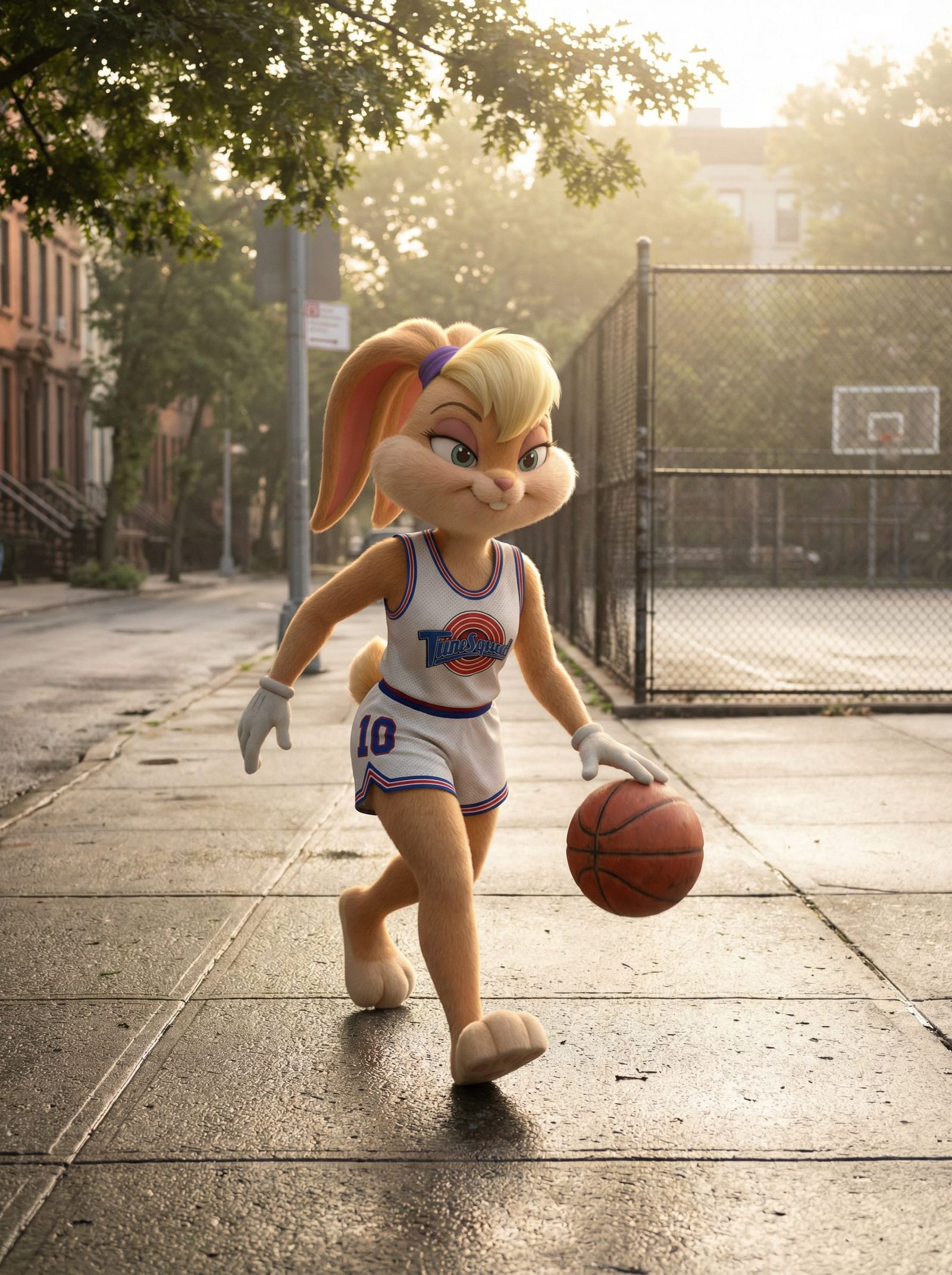 Lola Bunny Dribbles Basketball on Sunny Sidewalk
