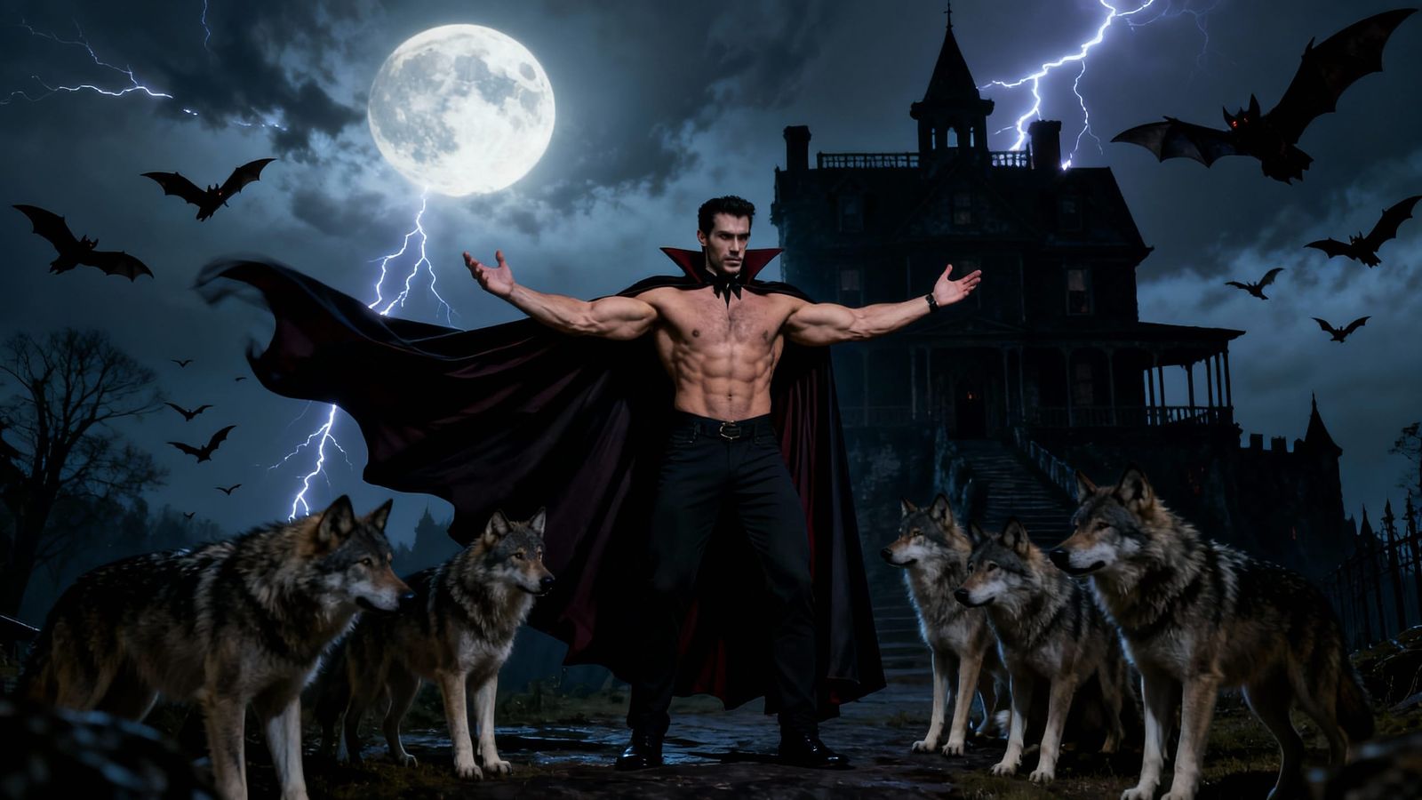 Muscular Dracula on Stormy Night Outside Castle
