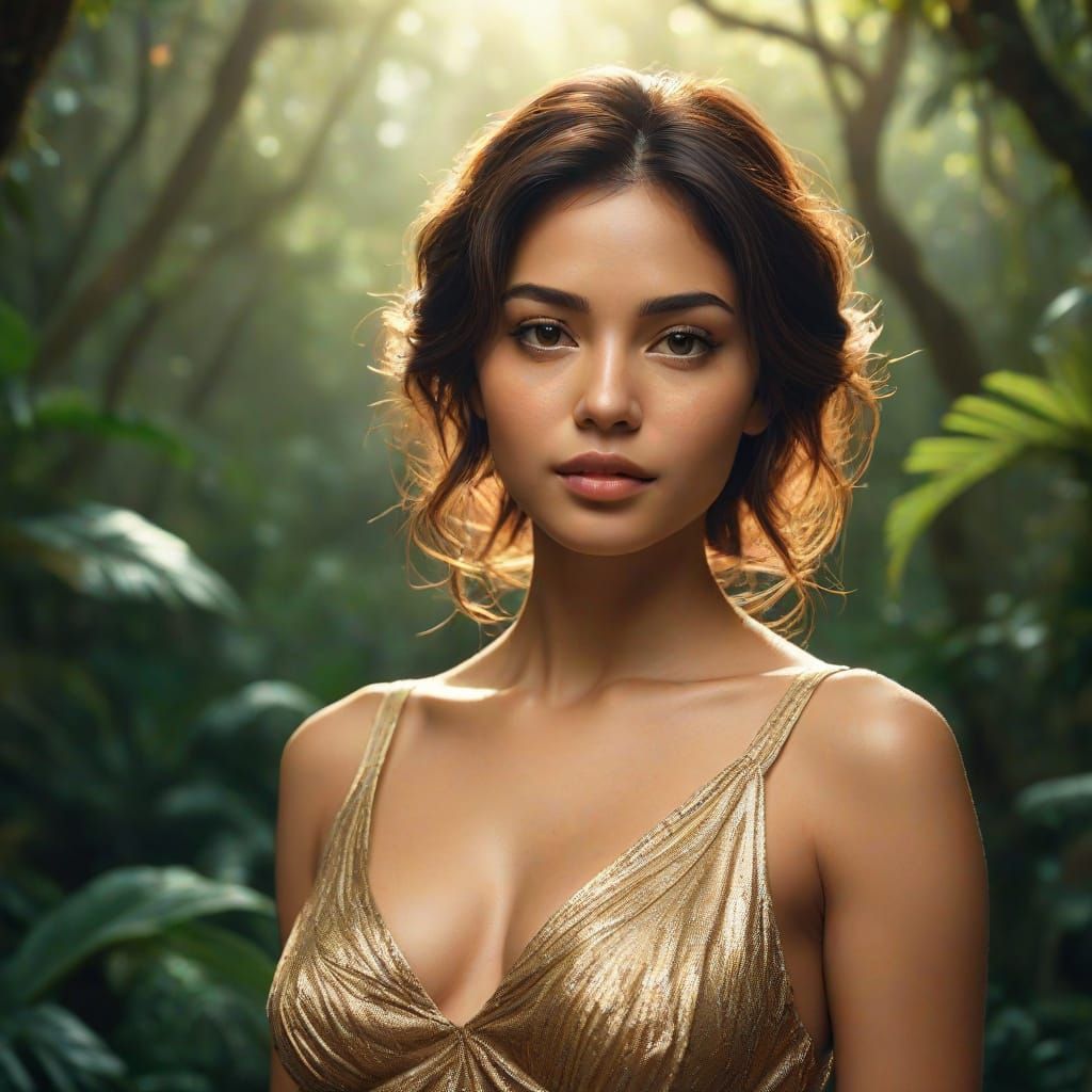 Latina Woman Poses in Lush Rainforest: Digital Art