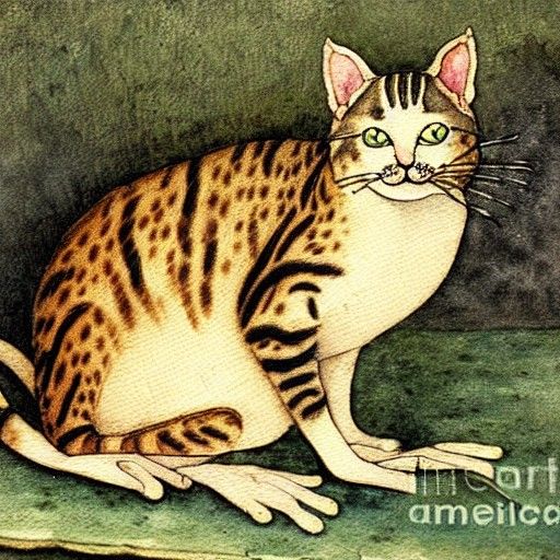 Cat Eating Frog: Renaissance Watercolor Painting
