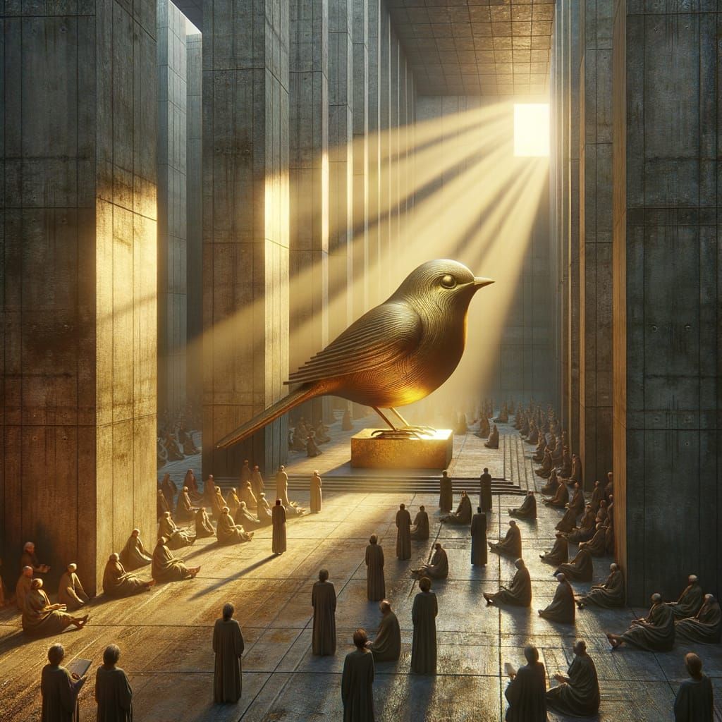 Golden Brass Bird on Brutalist Temple at Mystical Evening