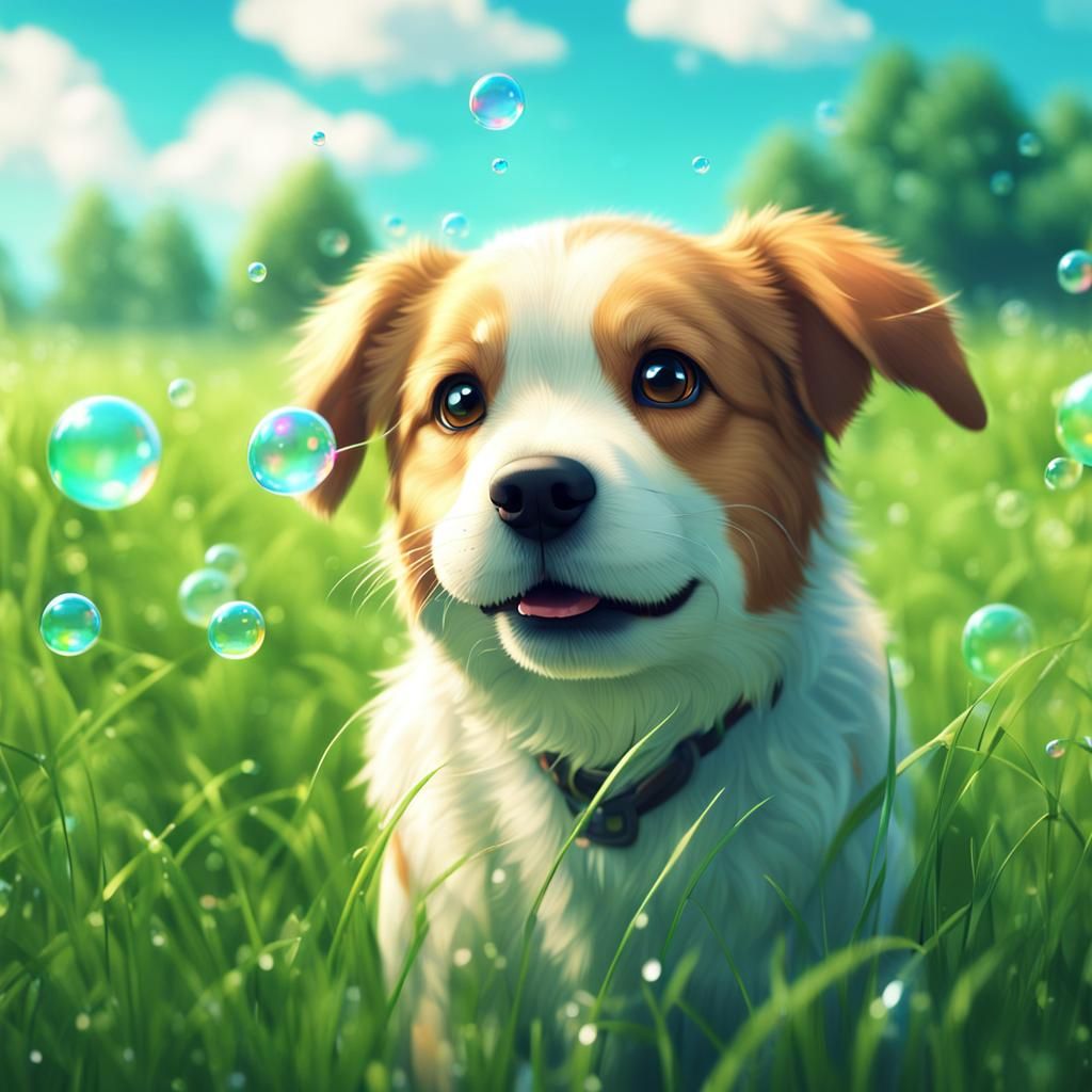 Anime Dog Pops Bubbles in Meadow