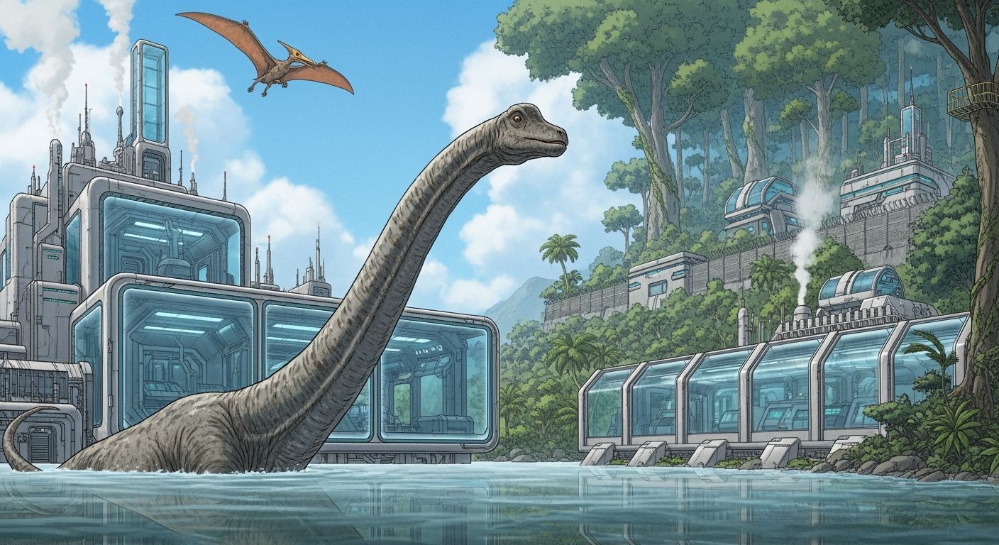 Diplodocus near Futuristic Industrial Complex in Manga Style