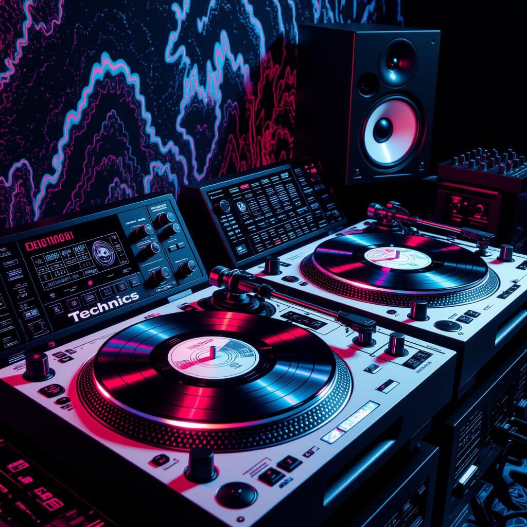 Psychedelic Turntables in a Surreal Digital Art Style