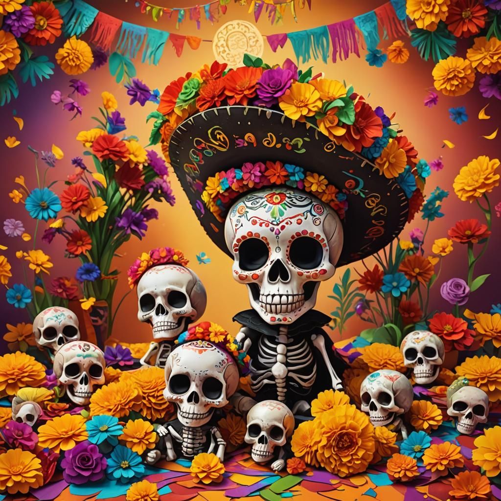 Festive Day of the Dead Baby Skulls in Pixar Style