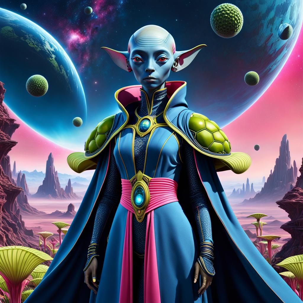 Blue Alien Observes Carnivorous Planet, Detailed Digital Art