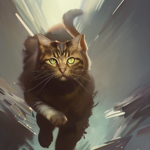 Watercolor Cat Running Concept Art Portrait