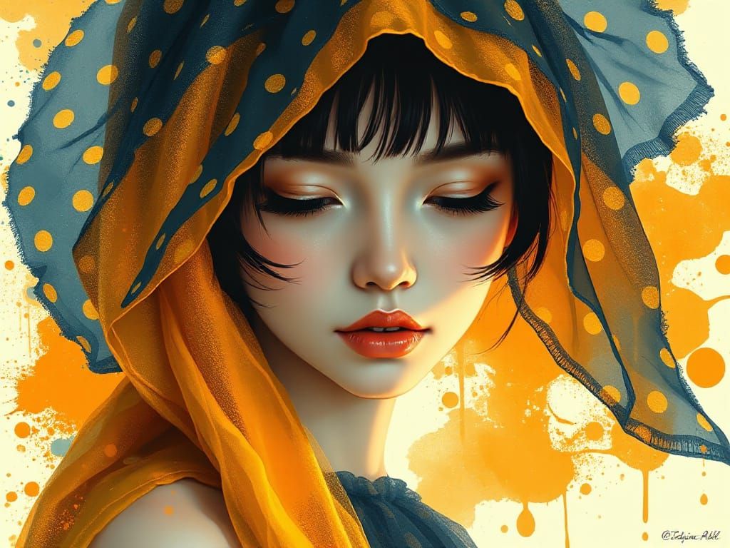 Gothic Anime Girl with Orange Crayon Splash Background