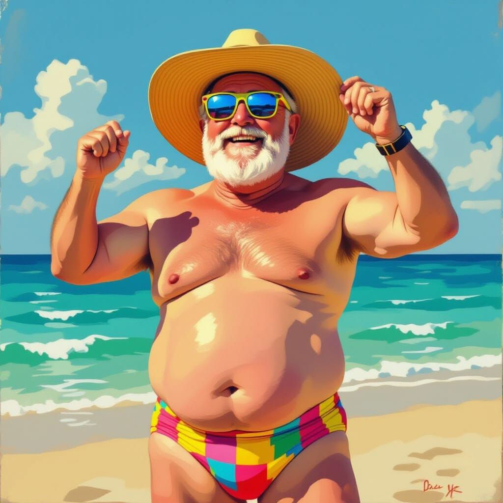 Dancing Man on Beach in Colorful Speedos, Expressive Style
