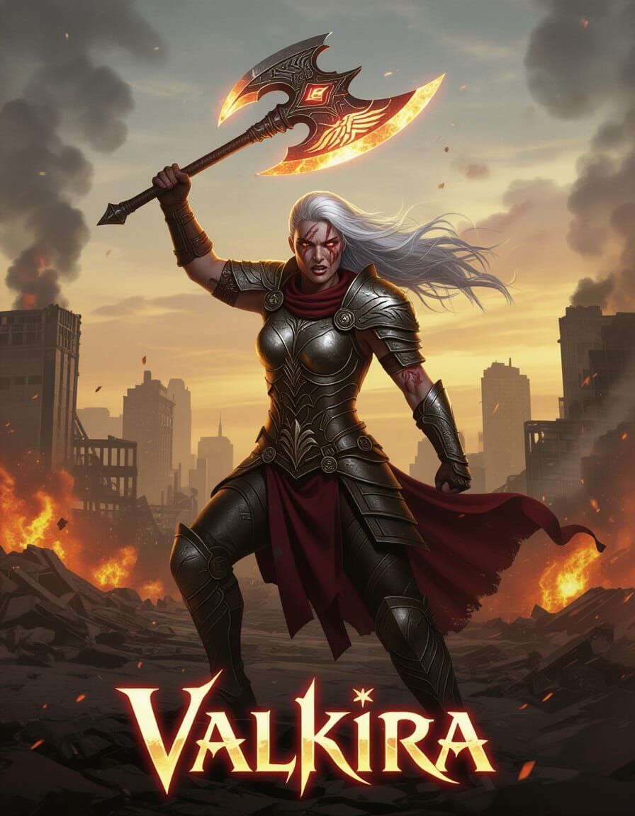 Warrior Lena Raises Glowing Axe in Ruined City