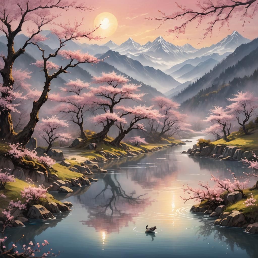 Cherry Blossoms and Coy: a Digital Fantasy Landscape