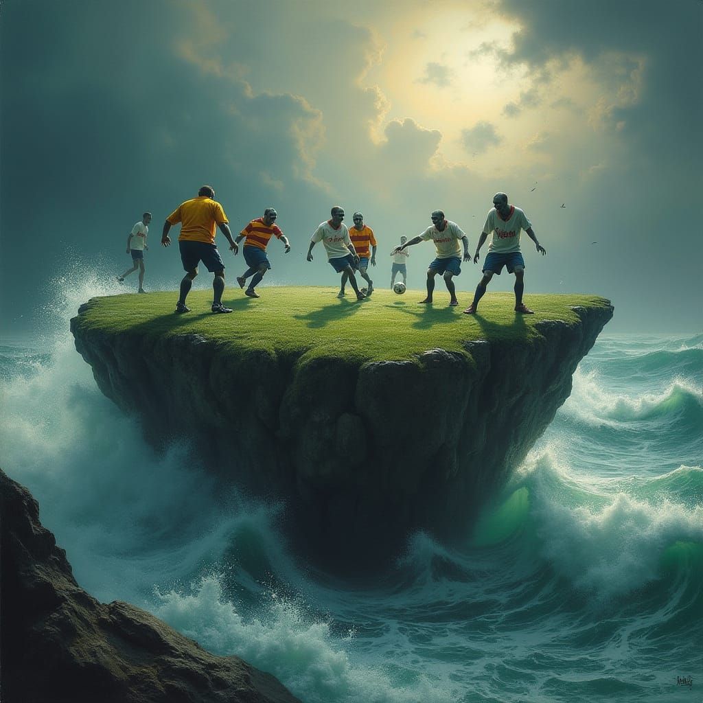 Zombie Footballers Battle on Storm-Tossed Ocean Rock