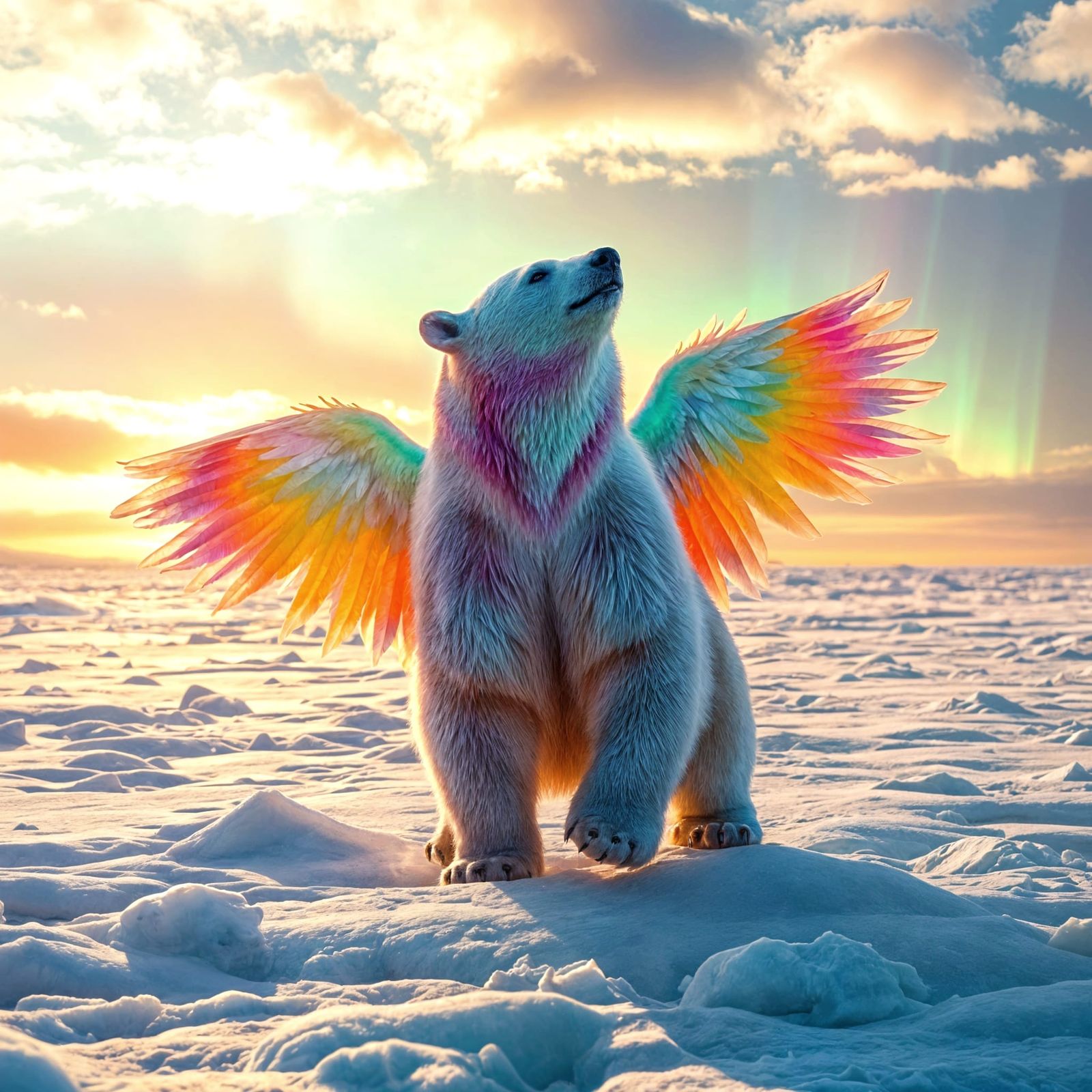 Vibrant Polar Winged Bear Soars at Sunrise