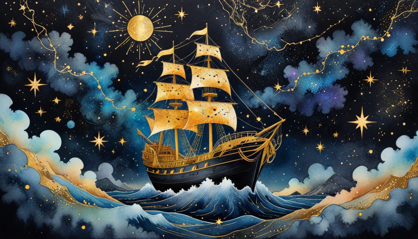 Cosmic Ship Sails Under Constellations: Mixed Media