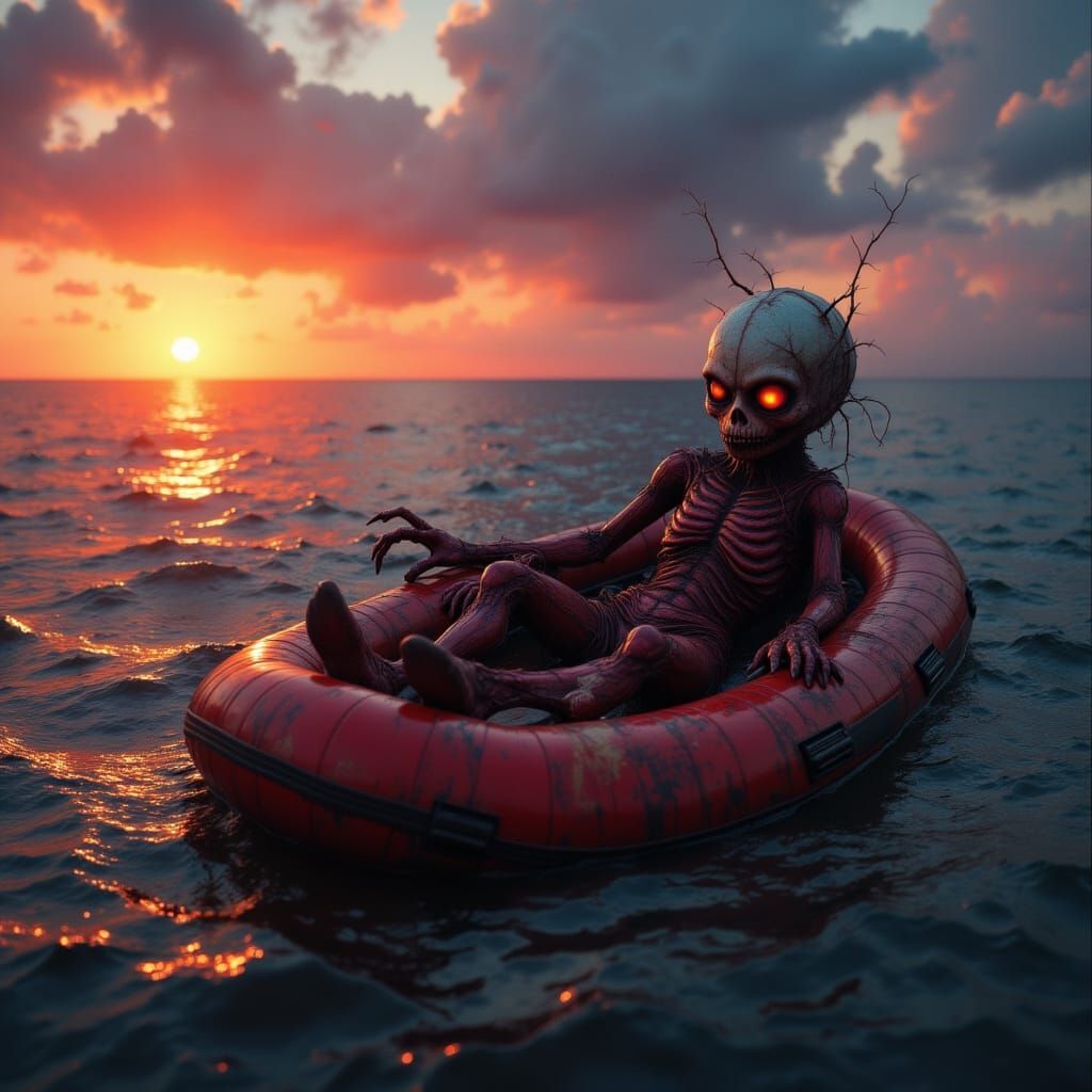 Hyperrealistic Aliens in Lifeboat at Sunset