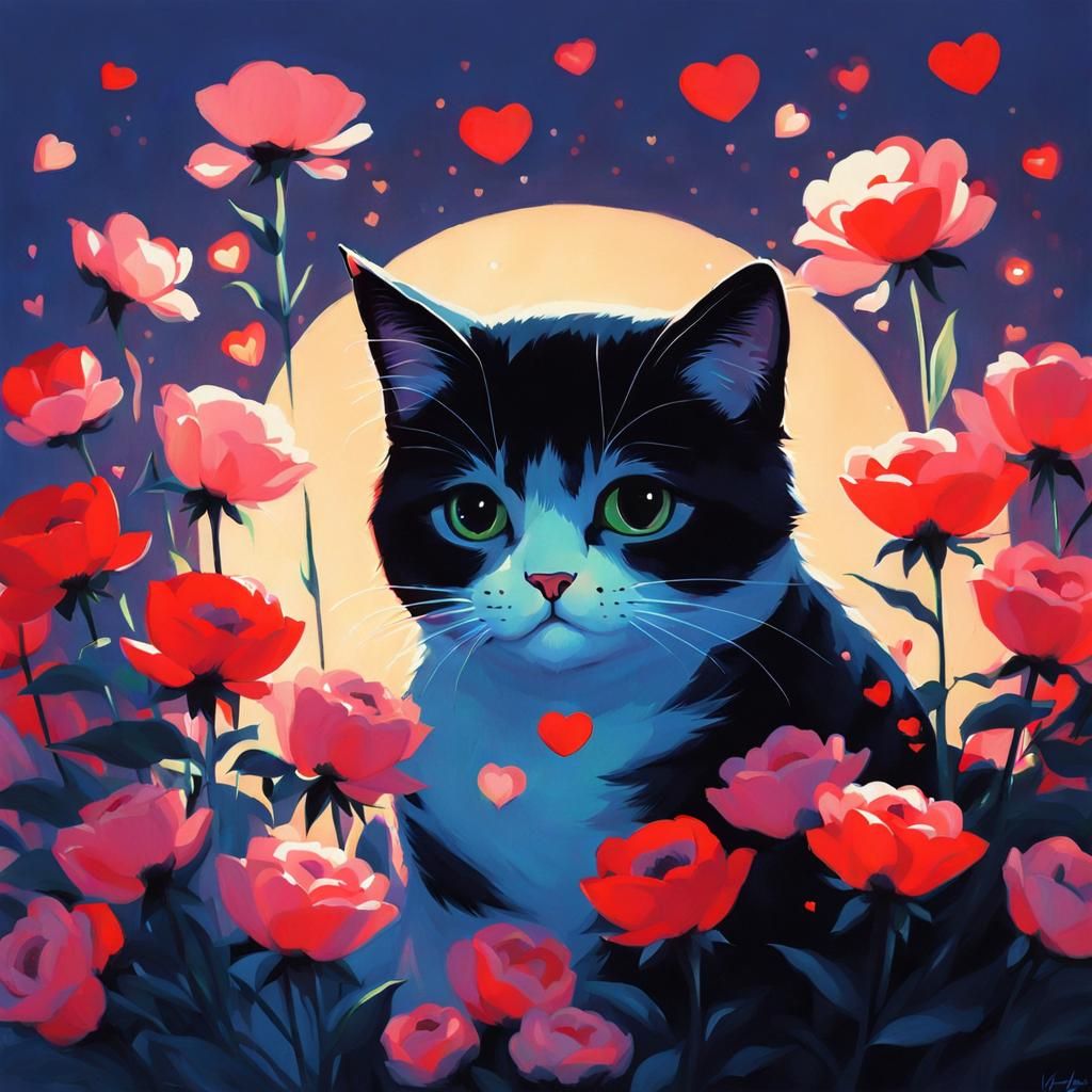 Cute Cat with Flowers, Digital Art