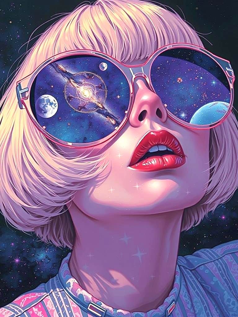 Blonde Woman's Glasses Reflecting the Universe in 8K