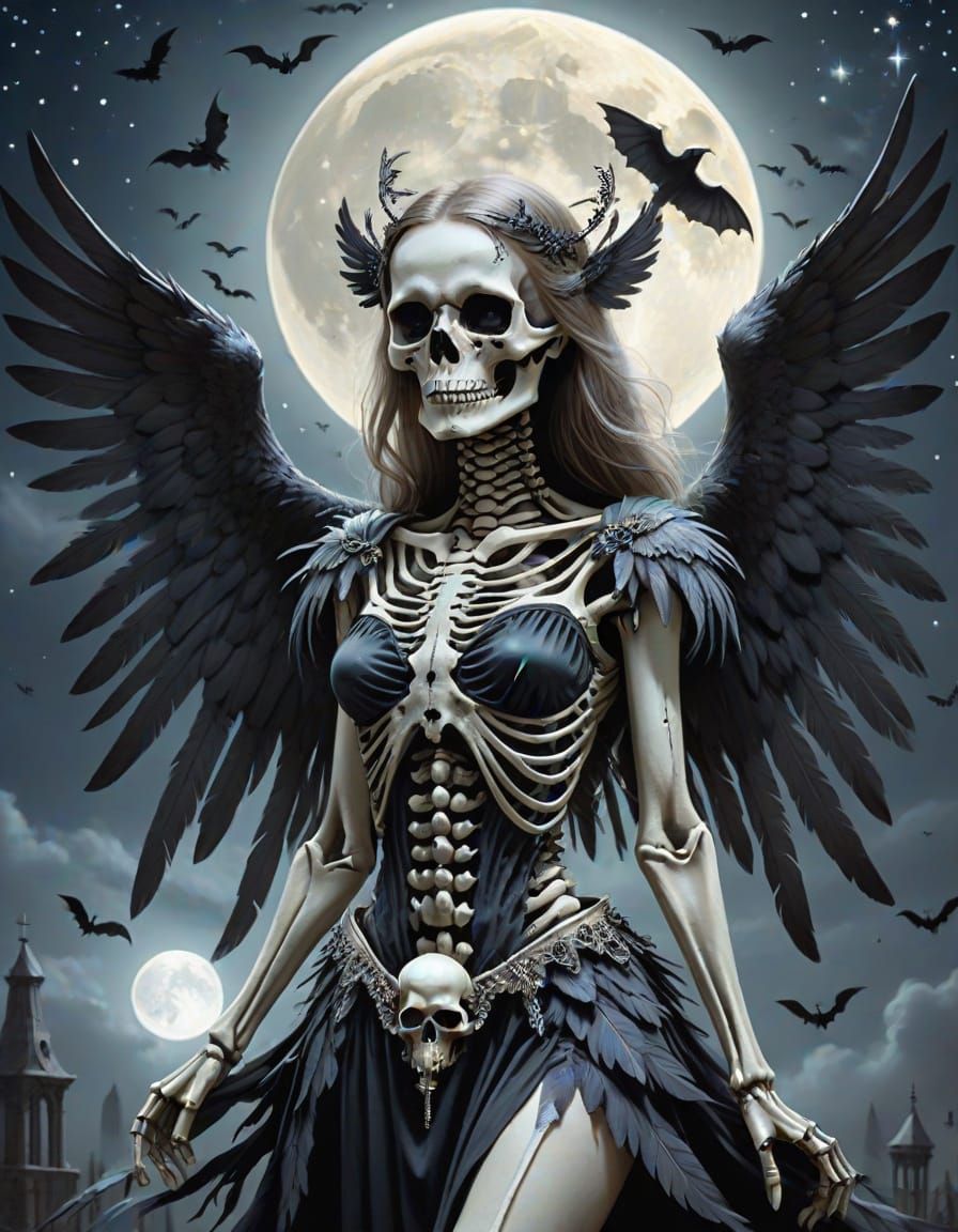 Gothic Skeleton Angel with Halo and Black Wings