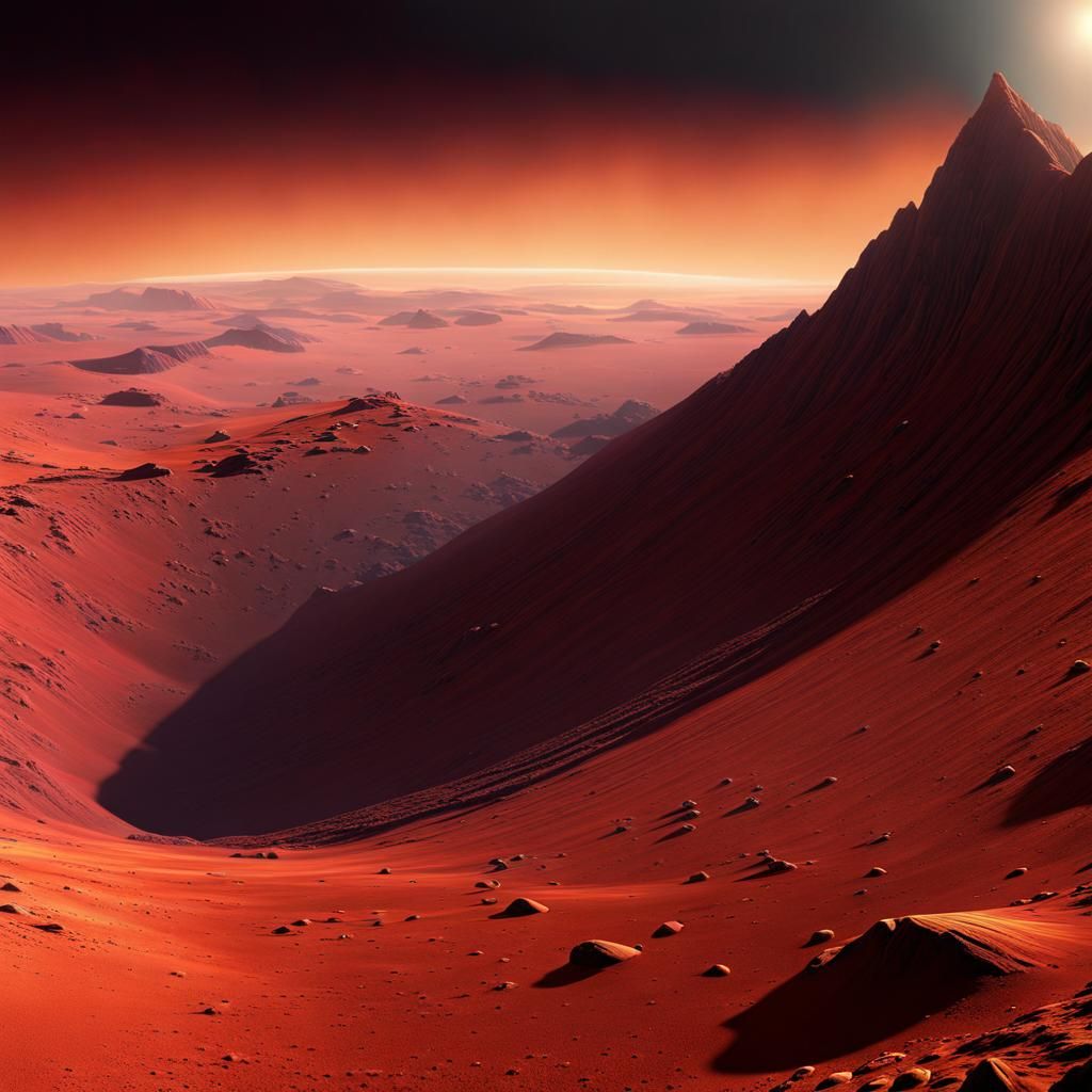 sunrise on Mars, Olympus Mons, detailed matte painting, deep color, fantastical, intricate detail, splash screen, compl...
