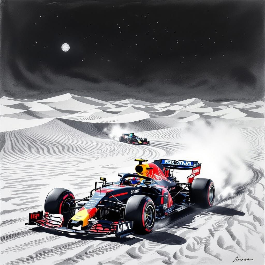 Formula 1 Race in Arabian Desert Dunes at Night