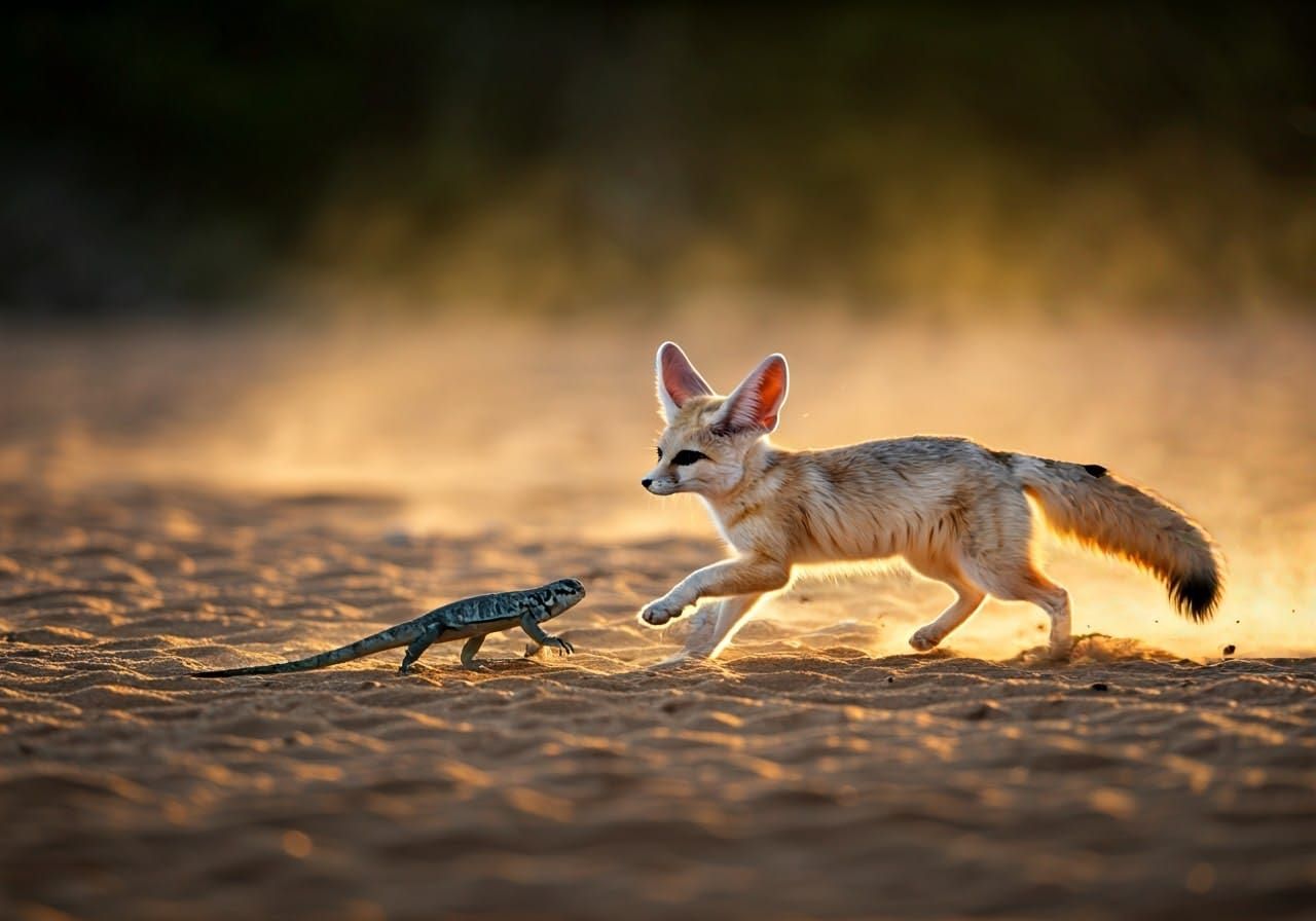 Fennec Fox Chasing Lizard in Desert Landscape