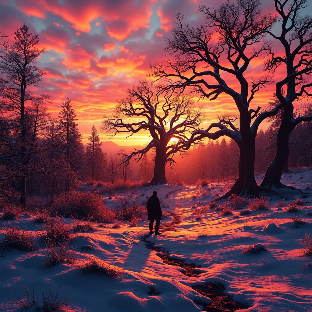 Mystical Winter Solstice Sunset Scene in Fantasy Art Style