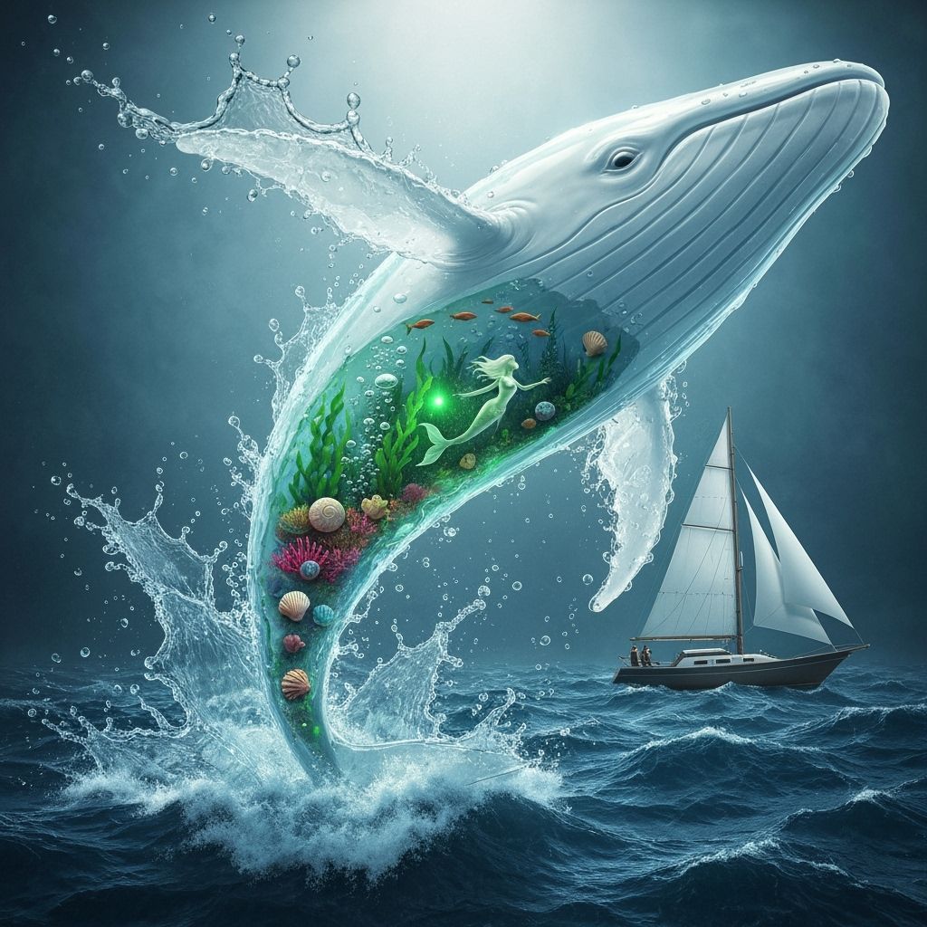 Bioluminescent Water Whale Sculpture in Surreal Ocean Scene