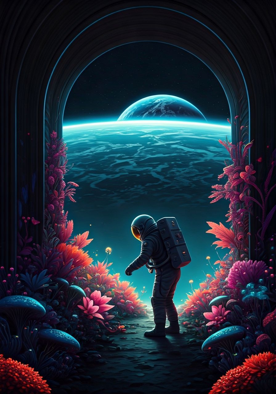 Astronaut Tends Alien Garden on Moon With Earth View