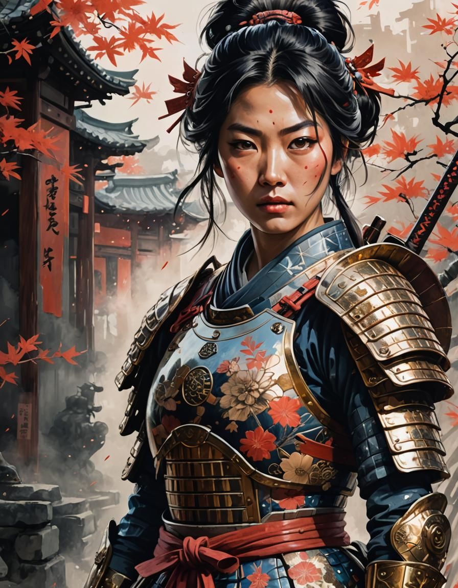 Samurai Woman in Ancient Setting, Ukiyo-e Style