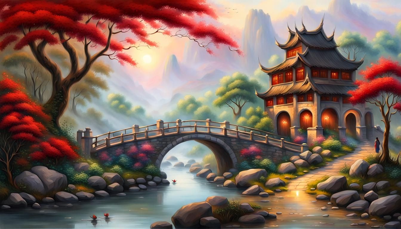 Stone Bridge Over River in Ethereal Fantasy Style